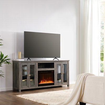 Ellington 70"W Grey Walnut Finish Fireplace TV Stand Console with Heater, LED Light, Cabinets, Shelves