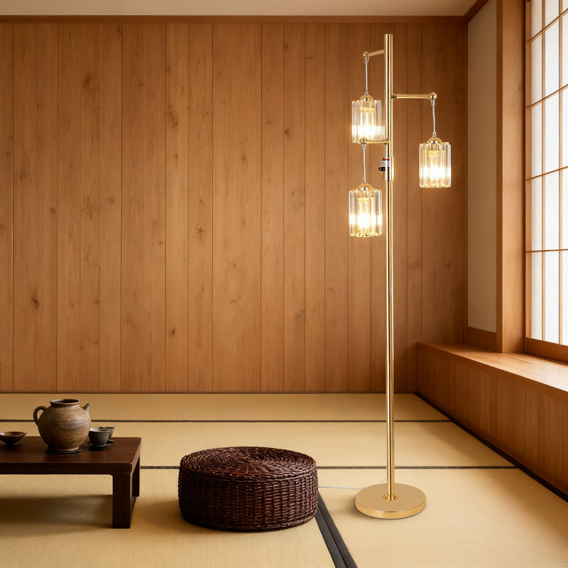 Lampe sur pied moderne en cristal à intensité variable avec 3 lumières, lampe sur pied de style industriel pour salon, chambre à coucher ou bureau avec gradation continue et fabrication en métal robuste