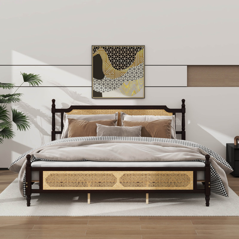 King Size Wooden Bed Frame Embellished With Rattan Head, Espresso