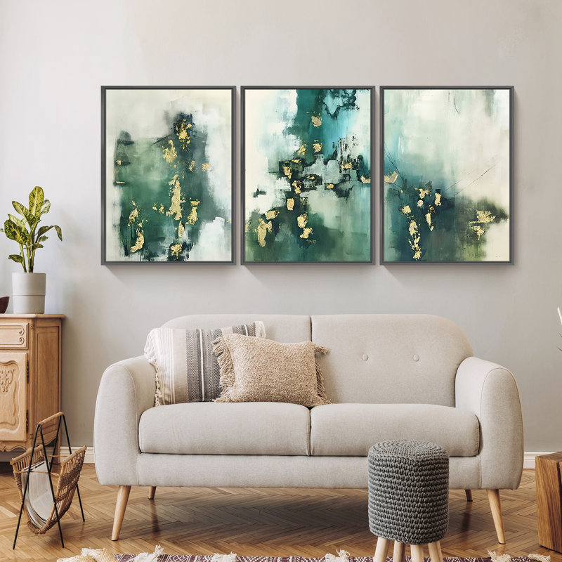Abstrait - Peinture sur toile 3 pièces, Cadre noir, H 16 po x l 36 po x P 1,5 po