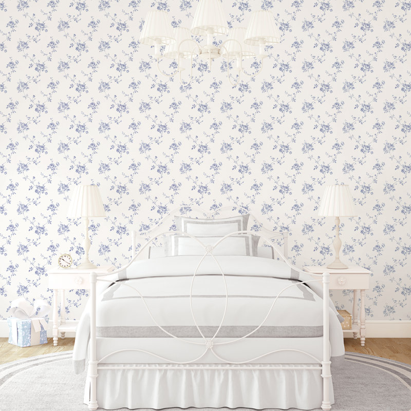 Palazzo 2 Floral Rose Wallpaper Roll, Blue/White