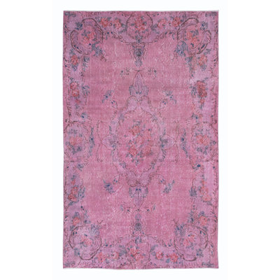 5.4x8.8 Ft Contemporary Handmade Turkish Area Rug in Soft Pink, Floral Design Wool Carpet