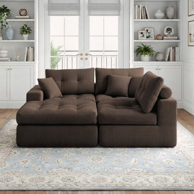 Corduroy Corner Chaise Compression Sofa Bed, L-Shaped Sectional Couch With High-Density Sponge, No-Assembly Required Convertible Sofa For Living Room, Apartment, Guest Room(Brown)