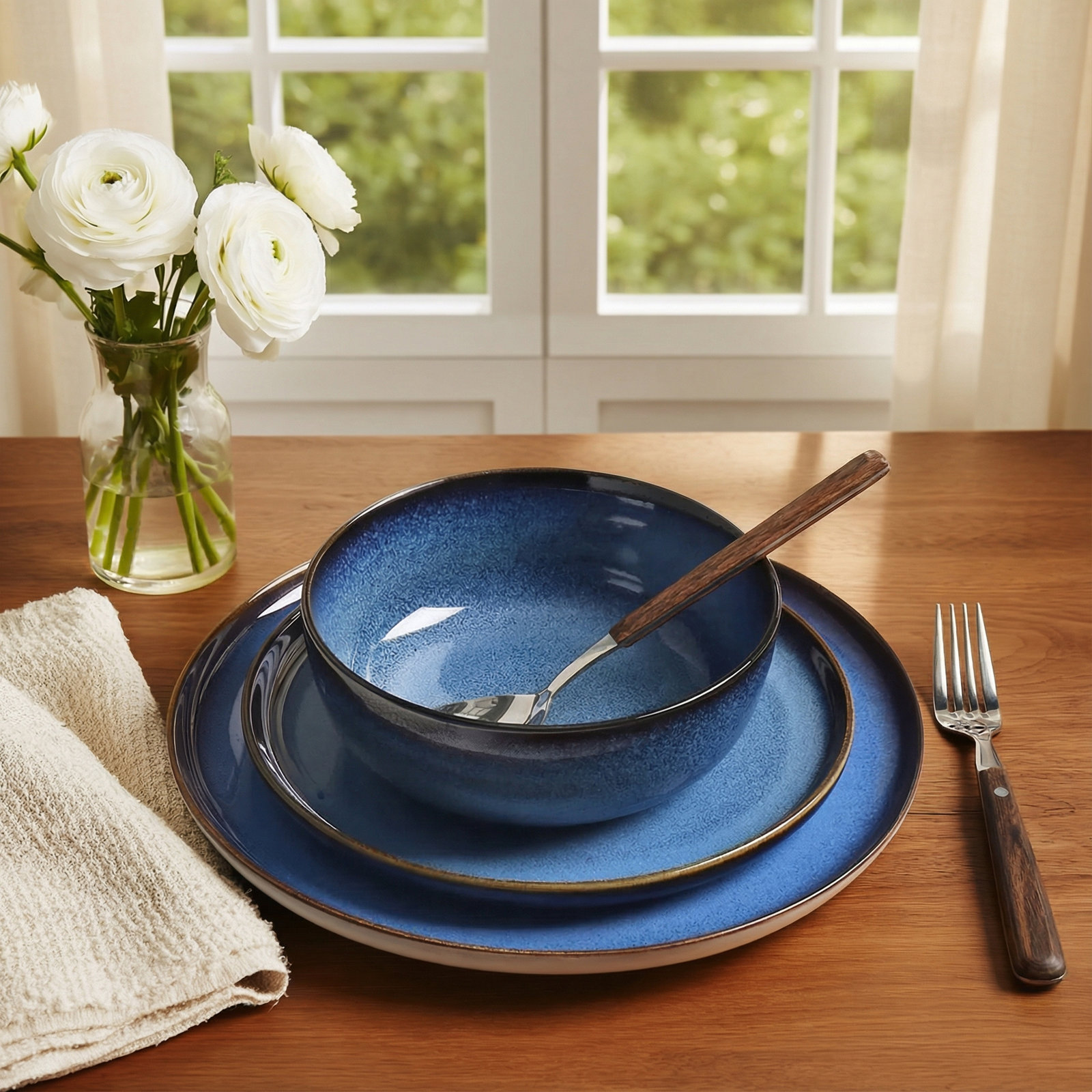 ALOFMO Gold Ingot 12 Piece Stoneware Dinnerware Set, Service for 4, Blue