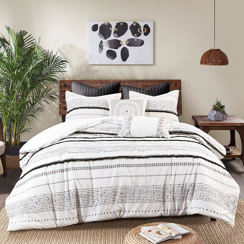 Édredon en coton imprimé noir avec une magnifique garniture à pampilles dans un style glamour, Noir