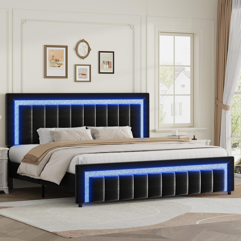 Ensemble de lit plateforme en velours capitonné à DEL avec velours moderne 2 pièces DEL - Suite de chambre à coucher lumineuse 3 pièces
