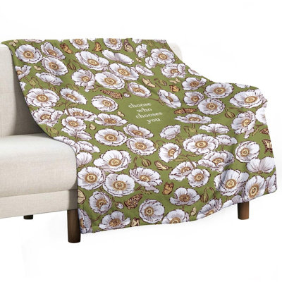 Jeté blanc coquelicots et flanelle de luxe, couverture douce et chaude pour le canapé du salon