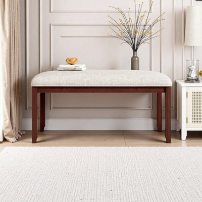 38-inch Upholstered Entryway Bench with Cherry Wood Legs - Beige Linen Seat, Mid-Century Modern Design for Bedroom, Living Room & Hallway