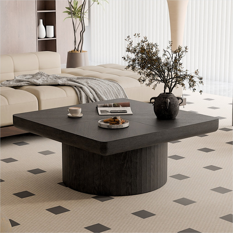 Table basse cylindrique profonde noire avec plateau en placage de bois pour salon moderne