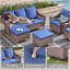 Canapé d'extérieur 67,3 po en osier pour terrasse, canapé 3 places en PE avec coussins bleus pour terrasse ou cour
