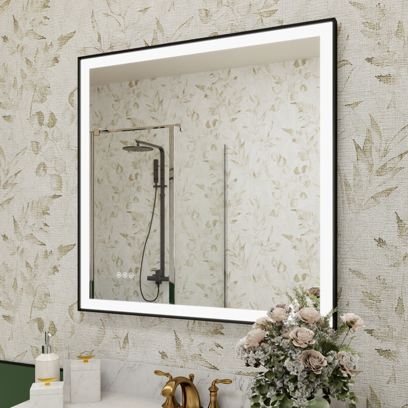 LED Lighted Dimmable Tempered Glass Bathroom Vanity Mirror With Black Aluminum Framed, Square, 36" x 36"