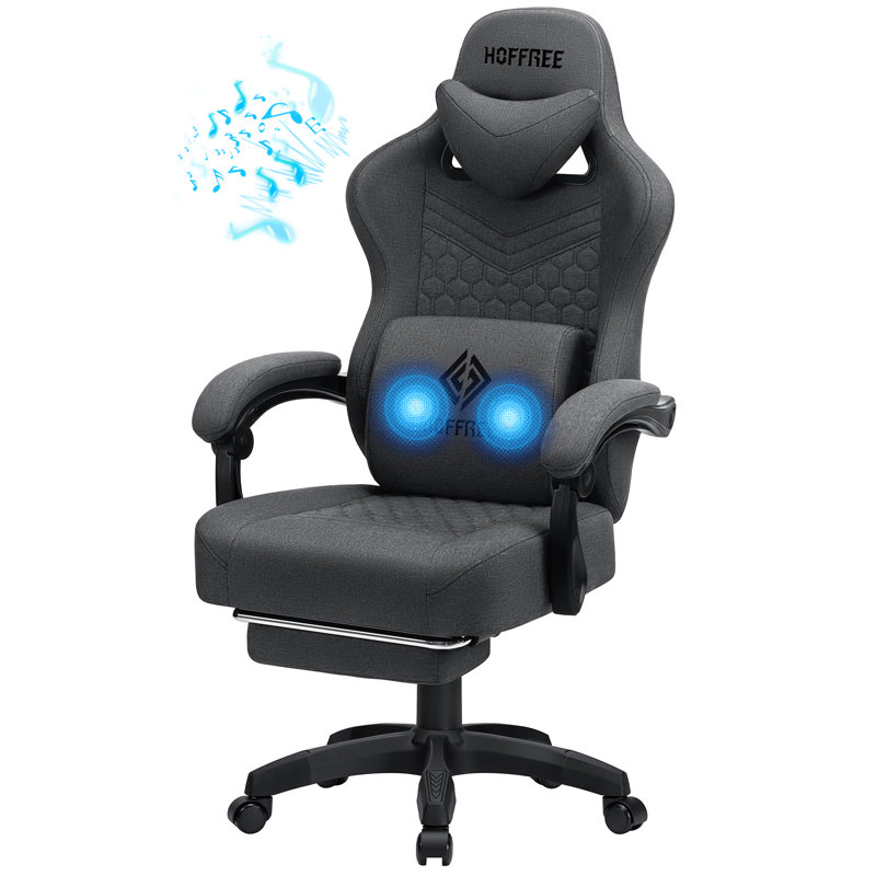 Reclining Ergonomic Fabric PC & Racing Game Chair With Bluetooth Speakers And Vibration Lumbar Pillow, Gray