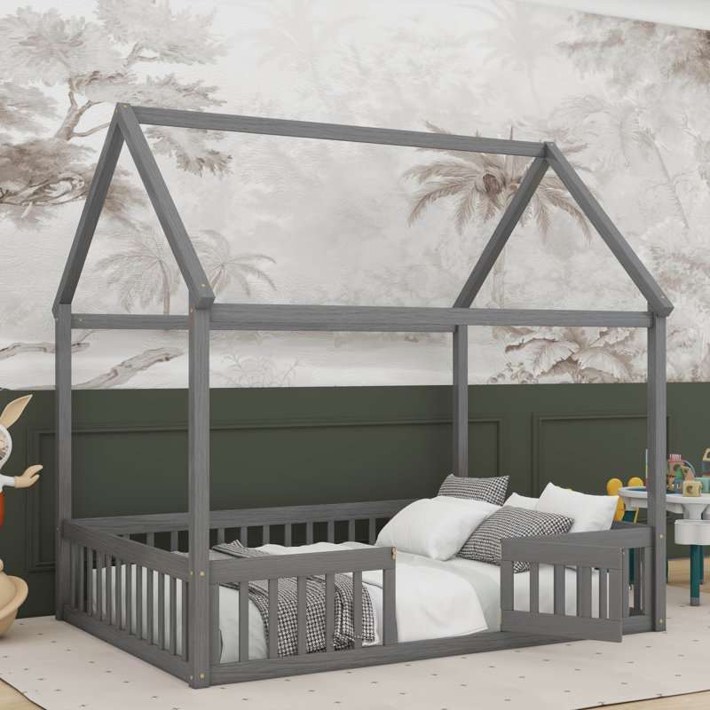 Full Size Wood House Bed with Fence, Gray