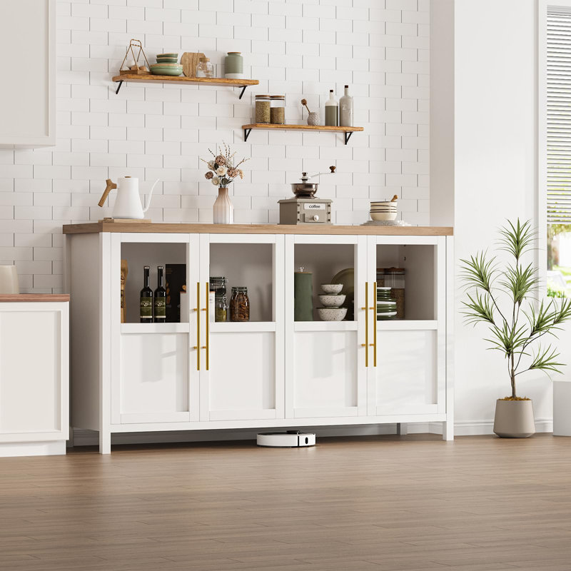 Buffet 55 "avec 4 portes en verre et beaucoup de rangement pour la salle à manger et la cuisine, Blanc