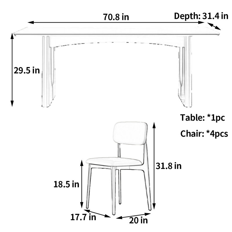 Table et chaises de salle à manger haut de gamme de style rétro, H 29,5 po x L 70,8 po x l 31,4 po
