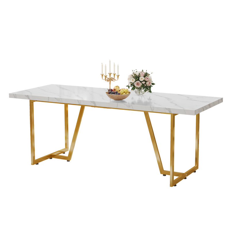 Kendrik 82.67'' L x 31.5'' W Dining Table with Rectangular Faux Marble Tabletop for 6-8 People, Gold, White