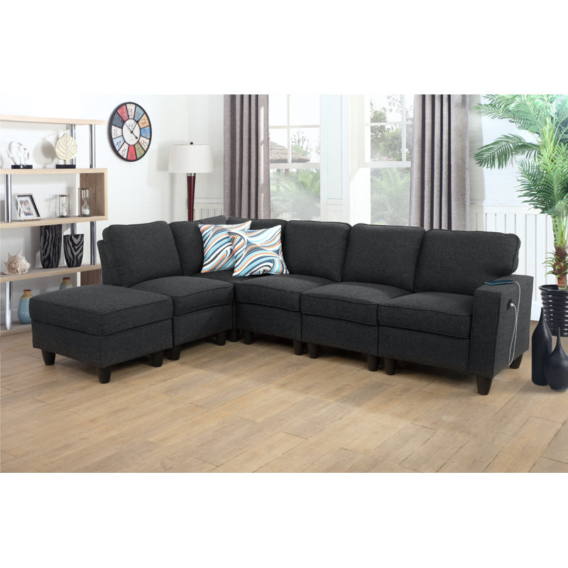 Upholstered L-Shaped Sectional Left Hand Facing, Charcoal Gray Linen 