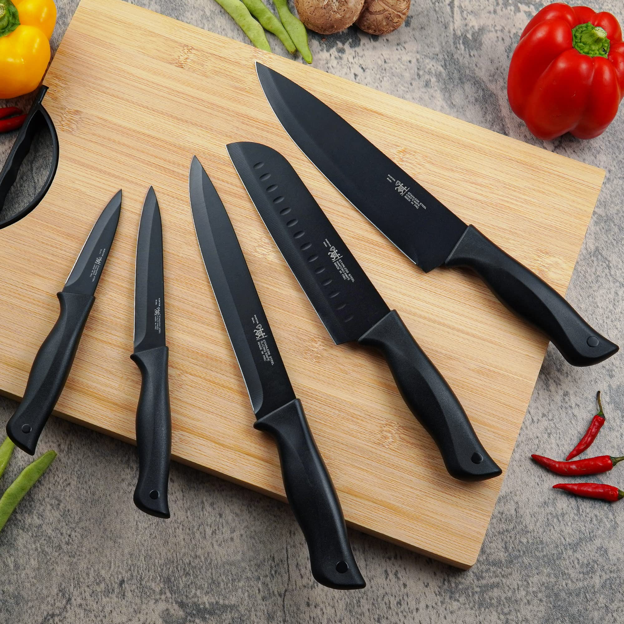 Walker Edison Ensemble de couteaux de cuisine, ensemble de couteaux de  cuisine allant au lave-vaisselle avec bloc, 24 pièces de couteaux de  cuisine noirs avec bloc auto-affûtant, 6 couteaux à steak 