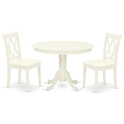 3 Piece Dining Set Contains a Round Dining Table with Pedestal and 2 Linen Fabric Kitchen Room Chairs, Linen White