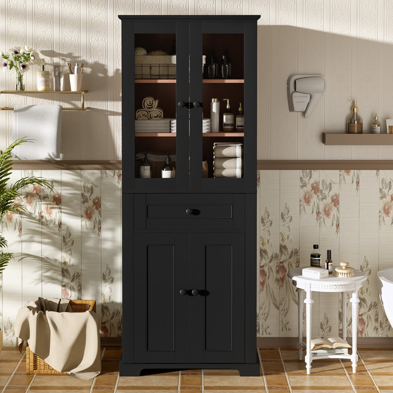 Bathroom Storage Cabinet Modern Freestanding Linen Tower with Doors, Adjustable Shelves & Drawer, Black