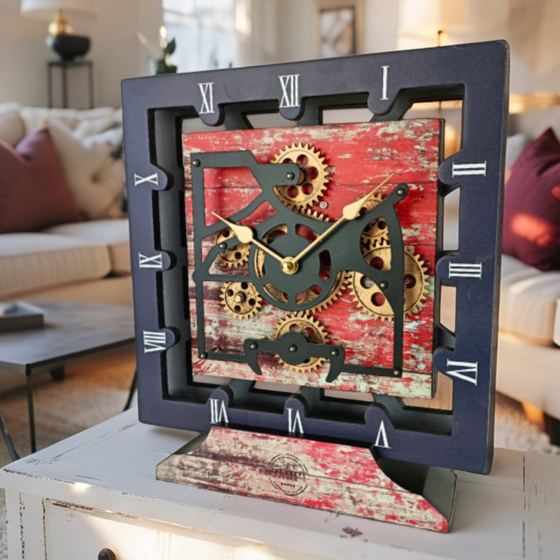 Horloge de bureau carrée en bois 10 pouces avec engrenages mobiles réels (transformable en horloge murale - base amovible) Collection Canada