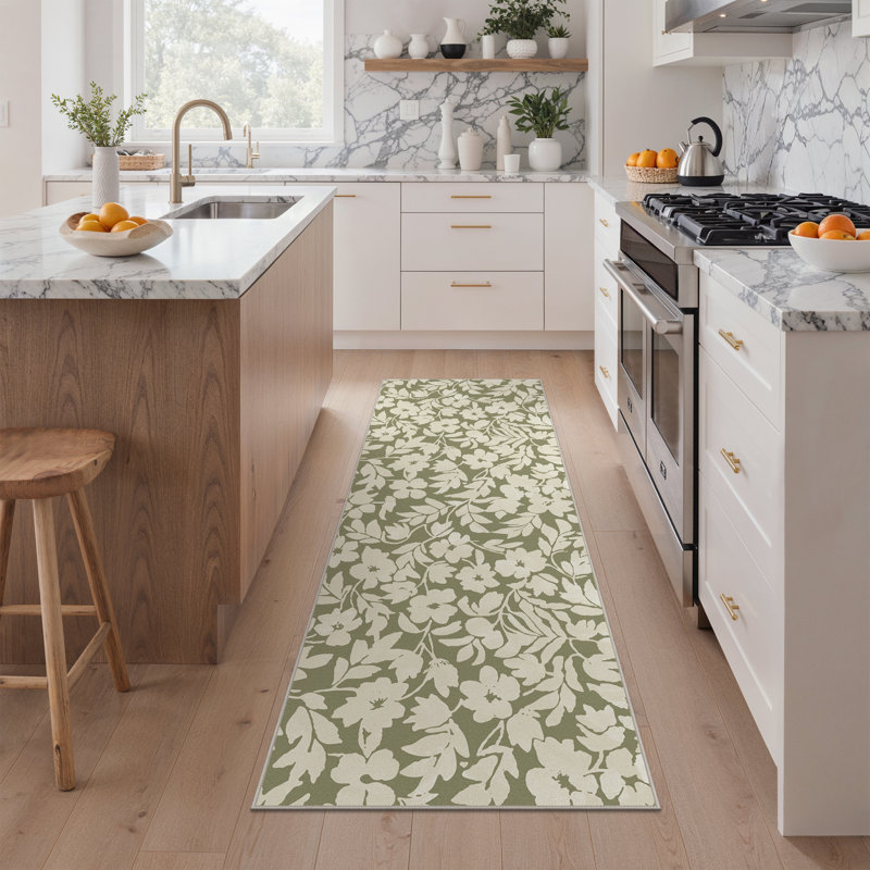 Vilve Floral Machine Washable Beige/Sage Green Indoor Area Rug With Non-Slip Backing, Runner 2' x 6'