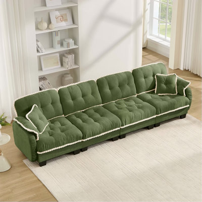 Chenille Cloud 4-Seater Sofa with 4 Pillows, Pom-Pom Trim Quilted Tufted Cushion Ergonomic Design, Easy Assembly Deep Seat Couch for Living Room Office, Apartment, Green