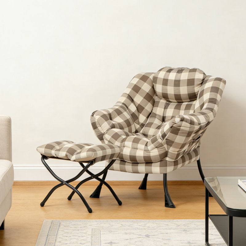 Hilge 31.5" W Lazy Chair with Ottoman, Modern Lounge Accent Upholstered Sofa Chair, White/Brown/Gray