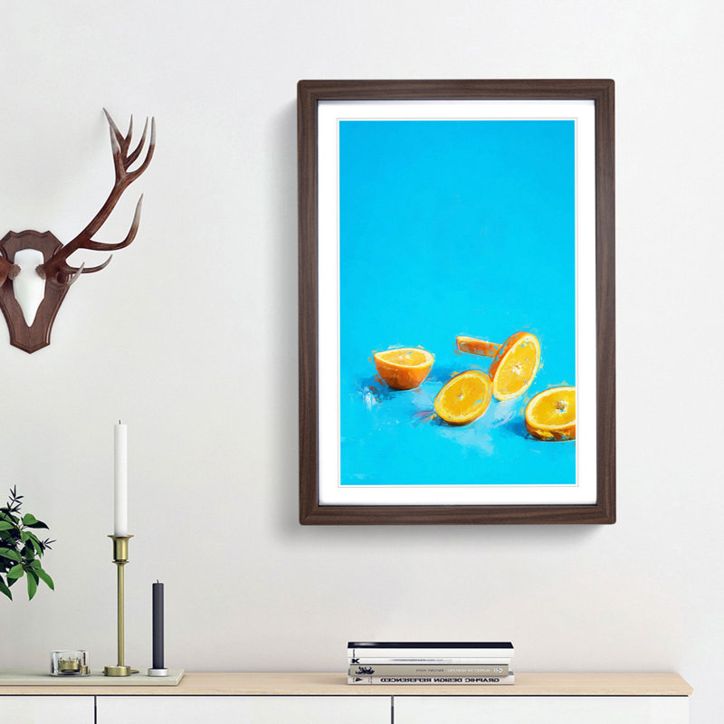 Falling Oranges - Picture Frame Graphic Art Print, 60cm H x 40cm W x 2cm D, Walnut