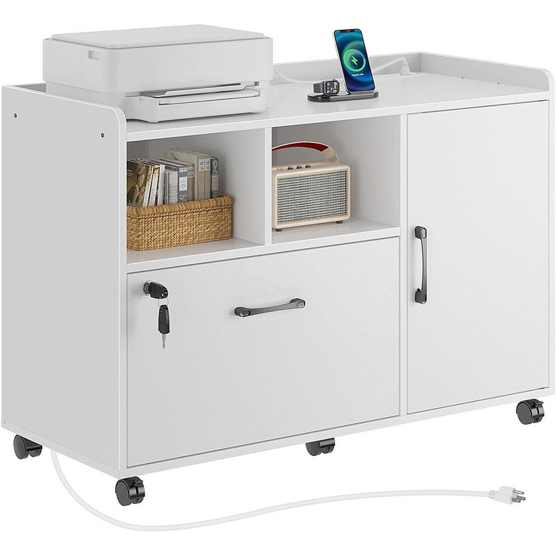Mobile Lateral Filing Cabinet with Charging Station and Locking Drawer, Printer Stand with Open Storage Shelf with Wheels, for Letter/A4/Legal Size Files, White