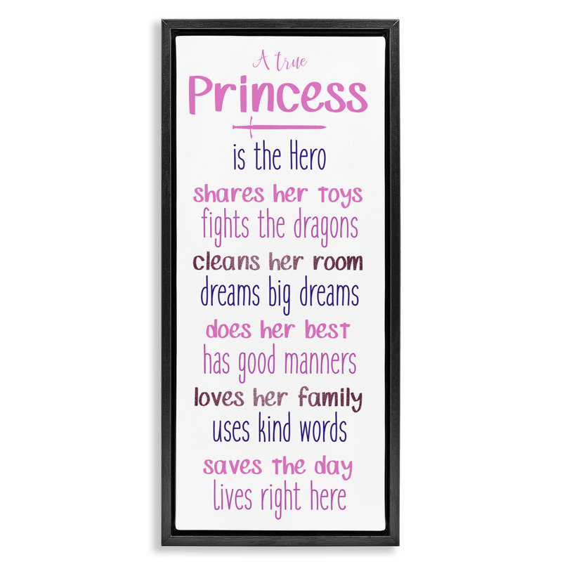 «True Princess Is The Hero», art mural sur toile, design par Kim Allen, H 25 po x l 11 po, Cadre flottant noir de jais