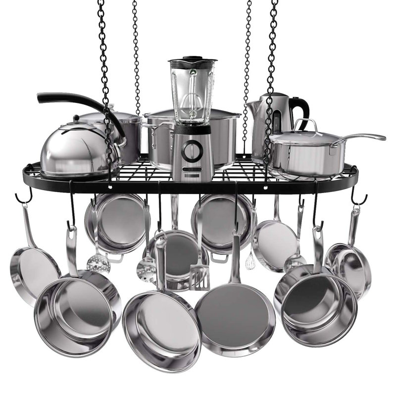 Stylish Black Alloy Steel Ceiling Storage With 15 Hooks - Organize Kitchen Cookware And Utensils - Space-Saving Mounted Overhead Holder