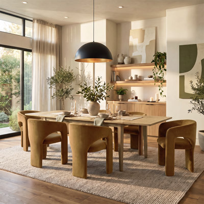 63"-95" Extendable Wood Veneer Dining Table Set with 6 Sculptural Velvet Armchairs