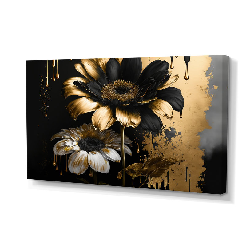 «Black and Gold Daisy II» - Art mural sur toile marguerite, H 40 po x l 60 po