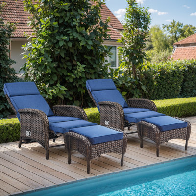 Gaetanino Outdoor Wicker Rattan Poolside Reclining Chaise Lounge With Ottomans by Red Barrel Studio
