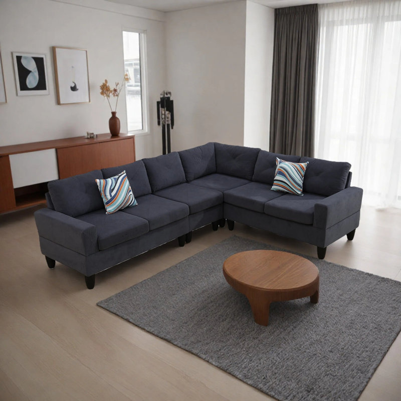 L Shaped Sectional Couch, Modular Corner Sofa 6 Seat Sectional Sofa For Living Room, Dark Gray Polyester, Black