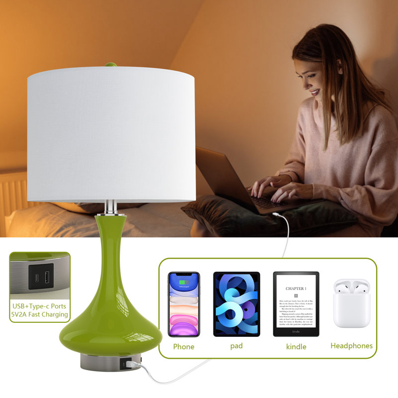 23.5" Green Ceramic Table Lamp with USB & Type-C Ports and Pre-Assembled White Linen Shade, Green
