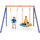 Jovego 690lbs 2 Seat Swing Set for Backyard, 1 Saucer Swing and 1 Belt Swing with Heavy Duty Outdoor A-Frame Metal Swing Stand for Playground, Playset