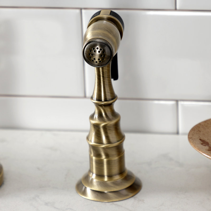 Kingston Brass Heirloom Two-Handle 3-Hole Deck Mount Bridge Kitchen Faucet with Brass Side Sprayer, Antique Brass