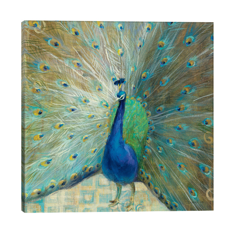 Blue Peacock On Gold by Peacock - Wrapped Canvas Painting, 45.72 cm H x 45.72 cm W x 1.91 cm D