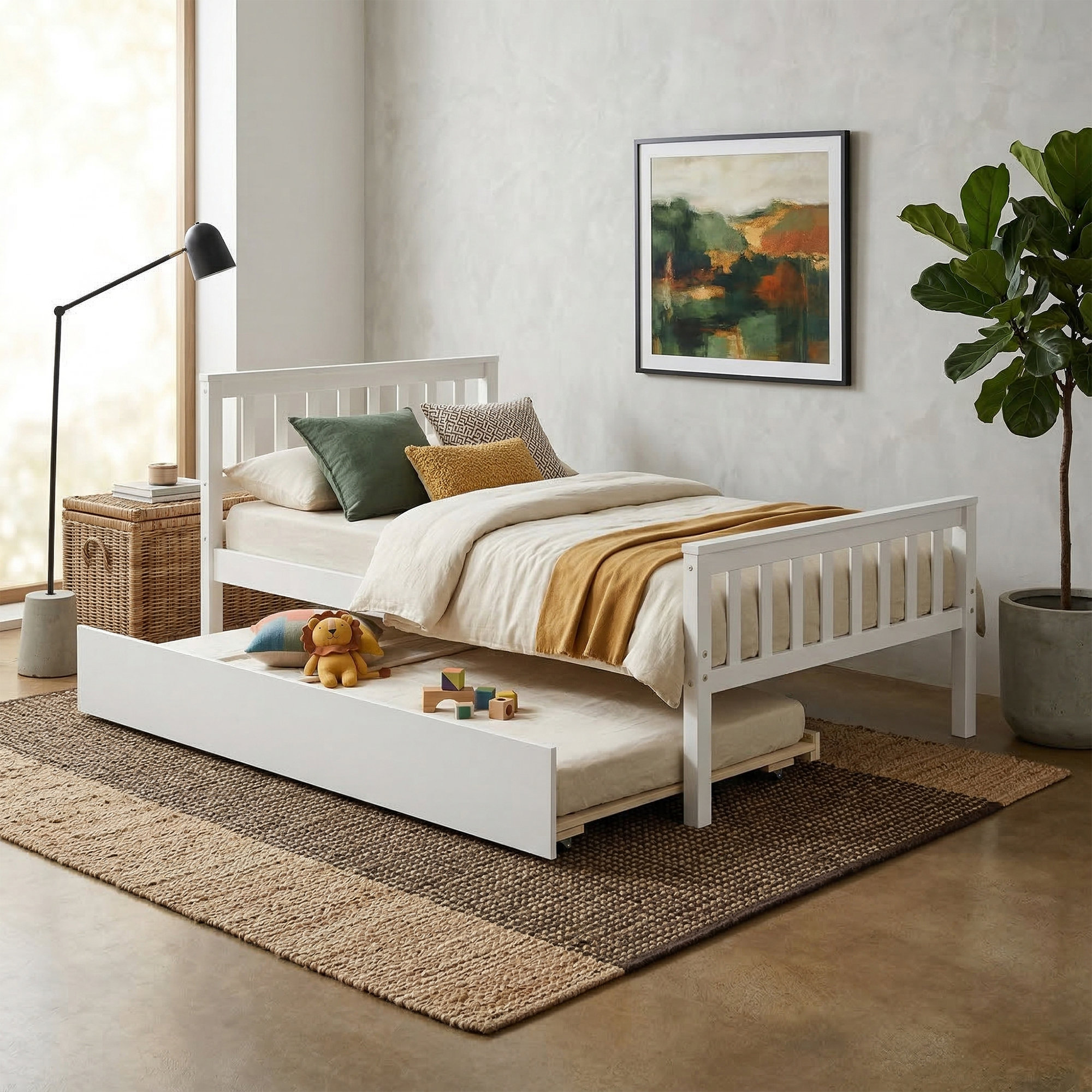 Ebern Designs Twin Platform Bed With Pull-Out Trundle, Solid Pine Wood ...