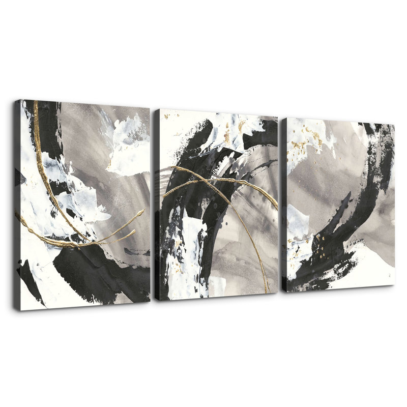 Peinture abstraite noire sur toile, 3 pièces, H 20 po x l 30 po x P 4,5 po