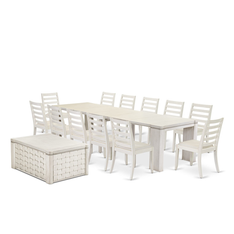 Cet ensemble de salle à manger extensible 14 pièces comprend 1 table de salle à manger rectangulaire Xtenczar, 1 table basse, 12 chaises de salle à manger empilables en tissu de lin crème, blanc antique