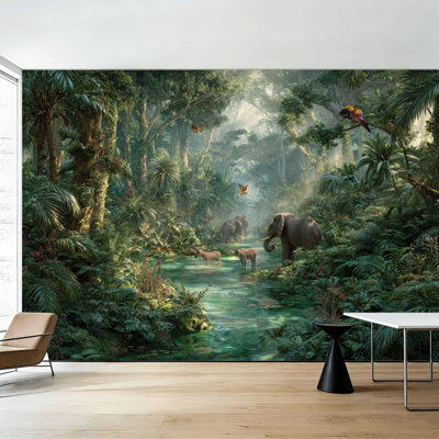 Papier peint adhésif pelez et collez, scène de jungle immersive, plantes, animaux, H 100 po x l 144 po, papier mural amovible en PVC, autocollant, pour le salon de la chambre, bureau à domicile