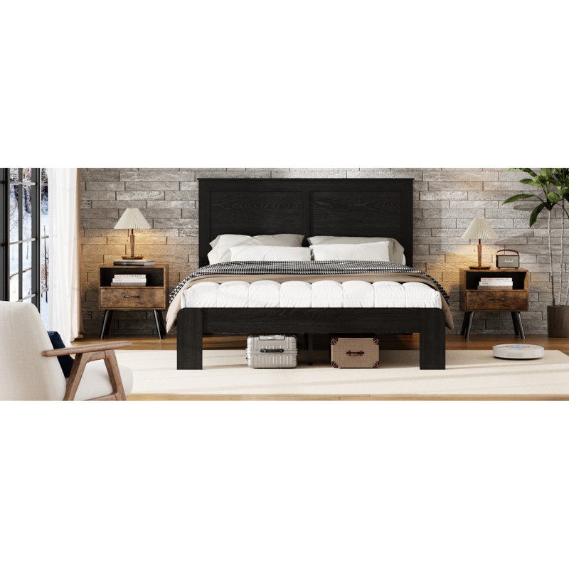 Lit plateforme double en bois, fonction silencieuse pour un sommeil réparateur, aucun sommier nécessaire, assemblage sans effort avec tous les outils, rangement spacieux sous le lit, teinte brun foncé, chambre à coucher de style industriel, moderne