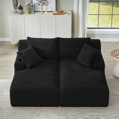 Compressible Double Chaise Lounge With Cupholders - No Assembly Required, Fluffy Modern Sleeper Loveseat For Indoor Living Room Bedroom Reading