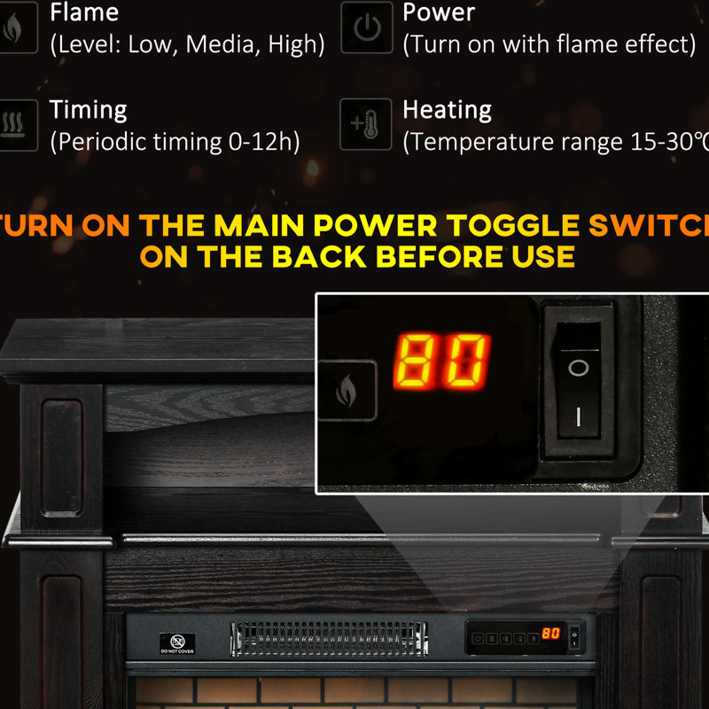 Foyer électrique sur pied 32 po, brun avec tablette, 700 W / 1400 W, flamme de bûches à DEL, télécommande, système d'arrêt automatique à intensité variable sur la structure de la tablette, télécommande, à intensité variable, fonction de sécurité