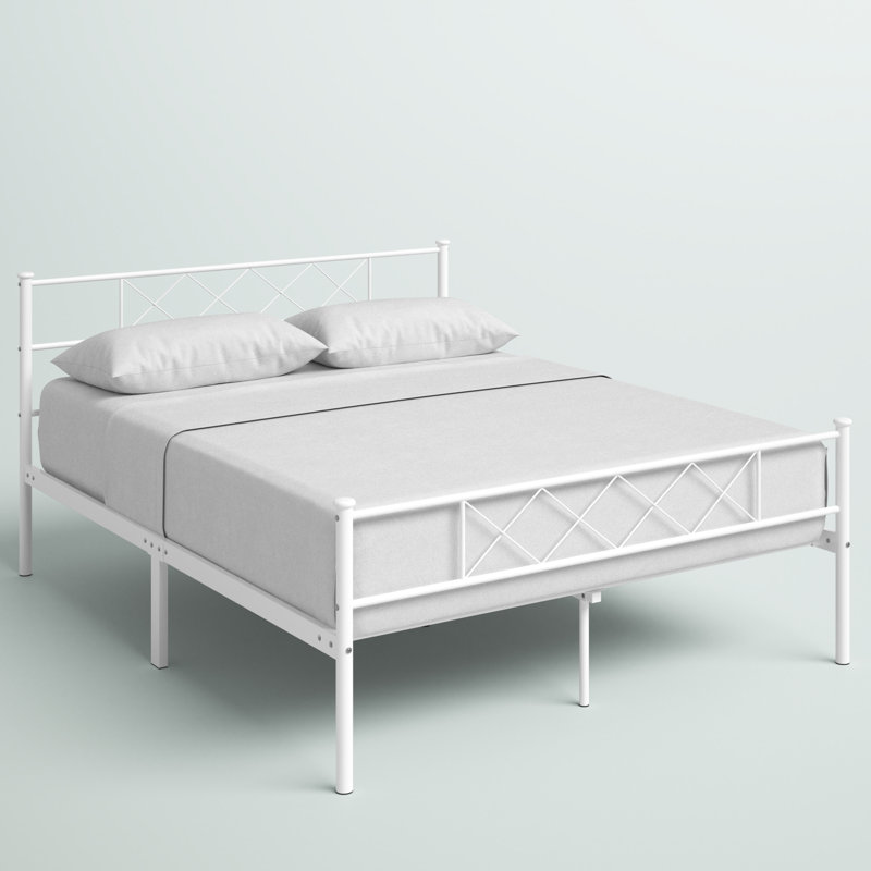 Base de lit plateforme en métal avec tête de lit et pied de lit Brandee, Complète, Blanc