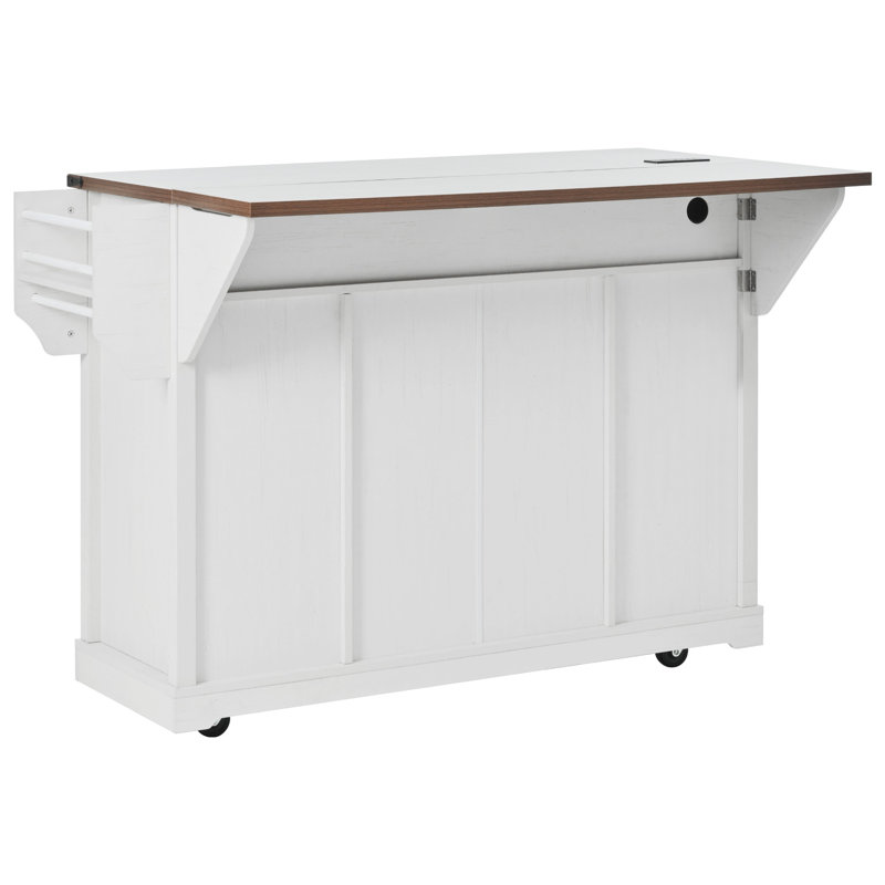 58" Farmhouse Kitchen Island With Storage, Sliding Barn Door & Metal Grid Side Door, Rolling Kitchen Island On 5 Wheels With Spice Rack, Glass Holders,Island Table With Drop Leaf For Kitchen