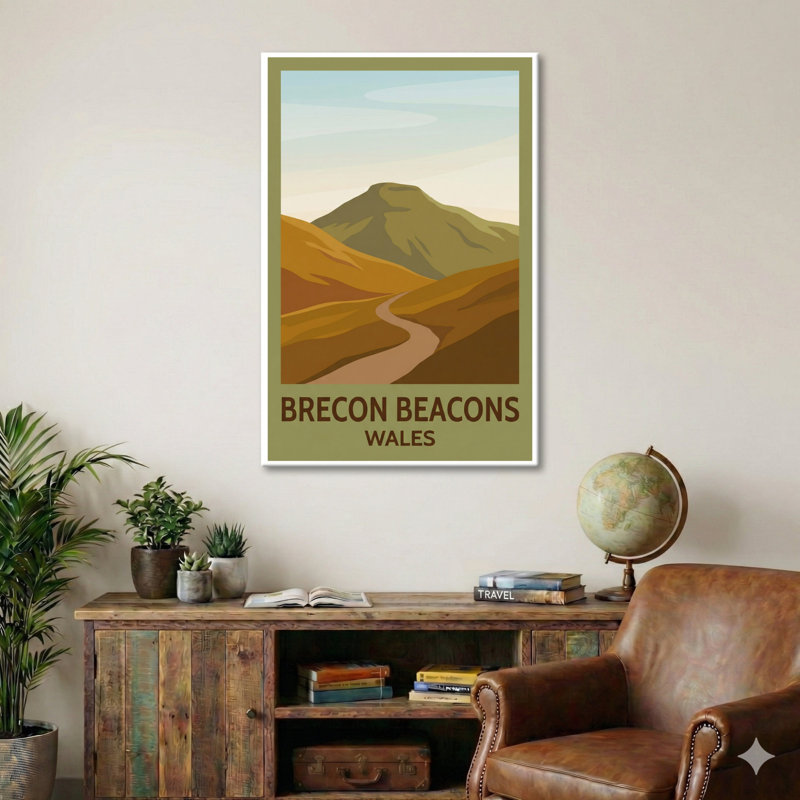 Brecon Beacons, Wales - Romantic Hills Travel Poster: Timeless Trails And Wild Skies. Giclee Print On Wrapped Canvas. Wall Art, Home Decor - Regions & Scenic Areas, Wales - Wrapped Canvas Print